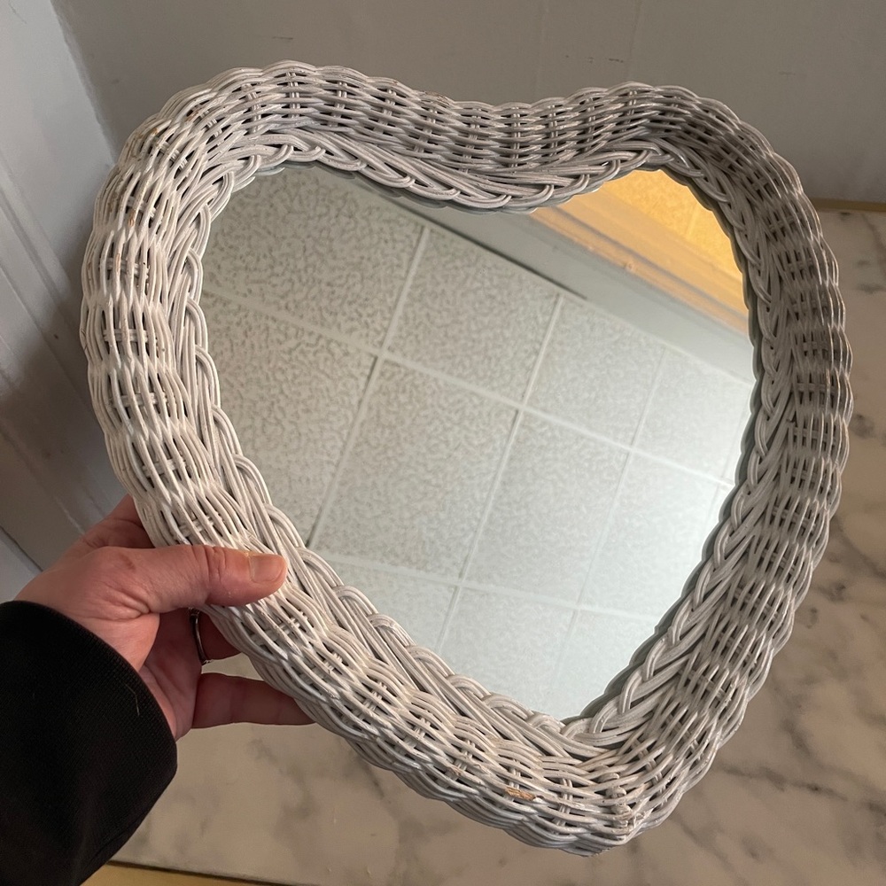 Vintage White Wicker Heart Shaped Mirror 13”x14”